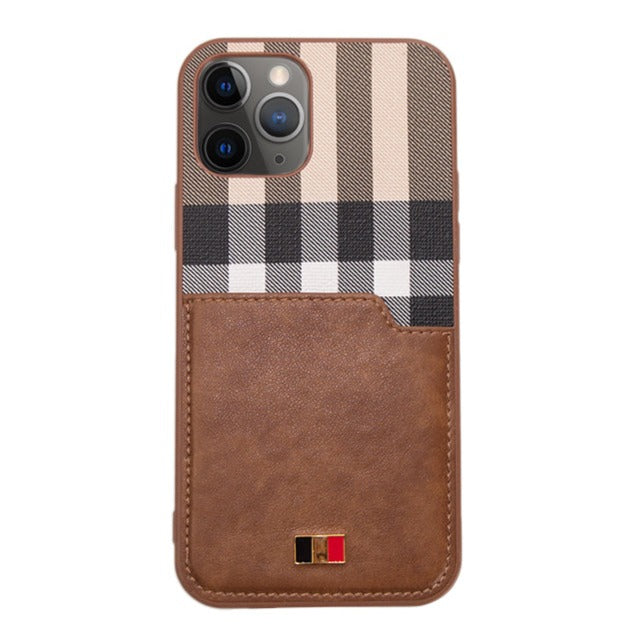 Brown Check Leather Case With Pocket