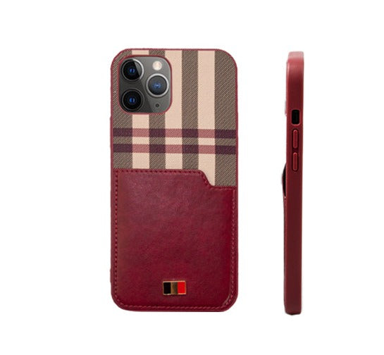 Red Check Leather Case With Pocket